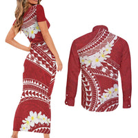 Polynesian Vintage Floral Couples Matching Short Sleeve Bodycon Dress and Long Sleeve Button Shirt Scarlet Motifs - Polynesian Pride
