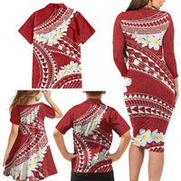 Polynesian Vintage Floral Family Matching Long Sleeve Bodycon Dress and Hawaiian Shirt Scarlet Motifs - Polynesian Pride