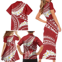 Polynesian Vintage Floral Family Matching Short Sleeve Bodycon Dress and Hawaiian Shirt Scarlet Motifs - Polynesian Pride