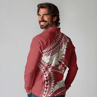 Polynesian Vintage Floral Long Sleeve Polo Shirt Scarlet Motifs - Polynesian Pride