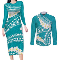 Polynesian Vintage Floral Couples Matching Long Sleeve Bodycon Dress and Long Sleeve Button Shirt Teal Motifs - Polynesian Pride