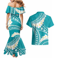 Polynesian Vintage Floral Couples Matching Mermaid Dress and Hawaiian Shirt Teal Motifs - Polynesian Pride