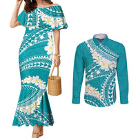 Polynesian Vintage Floral Couples Matching Mermaid Dress and Long Sleeve Button Shirt Teal Motifs - Polynesian Pride