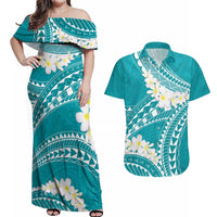 Polynesian Vintage Floral Couples Matching Off Shoulder Maxi Dress and Hawaiian Shirt Teal Motifs - Polynesian Pride
