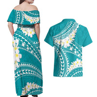 Polynesian Vintage Floral Couples Matching Off Shoulder Maxi Dress and Hawaiian Shirt Teal Motifs - Polynesian Pride