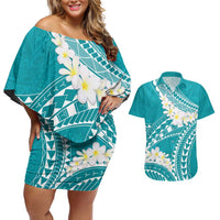 Polynesian Vintage Floral Couples Matching Off Shoulder Short Dress and Hawaiian Shirt Teal Motifs - Polynesian Pride