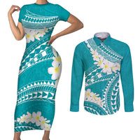 Polynesian Vintage Floral Couples Matching Short Sleeve Bodycon Dress and Long Sleeve Button Shirt Teal Motifs - Polynesian Pride