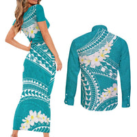 Polynesian Vintage Floral Couples Matching Short Sleeve Bodycon Dress and Long Sleeve Button Shirt Teal Motifs - Polynesian Pride