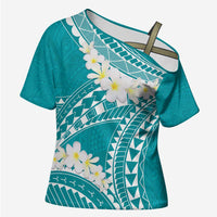 Polynesian Vintage Floral Cross Shoulder Shirt Teal Motifs - Polynesian Pride
