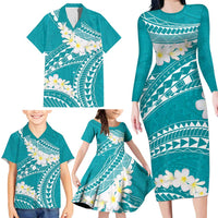 Polynesian Vintage Floral Family Matching Long Sleeve Bodycon Dress and Hawaiian Shirt Teal Motifs - Polynesian Pride