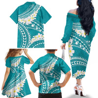 Polynesian Vintage Floral Family Matching Off The Shoulder Long Sleeve Dress and Hawaiian Shirt Teal Motifs - Polynesian Pride