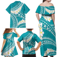 Polynesian Vintage Floral Family Matching Off Shoulder Maxi Dress and Hawaiian Shirt Teal Motifs - Polynesian Pride