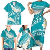 Polynesian Vintage Floral Family Matching Short Sleeve Bodycon Dress and Hawaiian Shirt Teal Motifs - Polynesian Pride