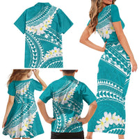 Polynesian Vintage Floral Family Matching Short Sleeve Bodycon Dress and Hawaiian Shirt Teal Motifs - Polynesian Pride