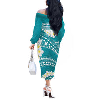 Polynesian Vintage Floral Off The Shoulder Long Sleeve Dress Teal Motifs - Polynesian Pride