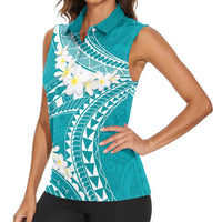 Polynesian Vintage Floral Women Sleeveless Polo Shirt Teal Motifs - Polynesian Pride