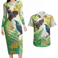 New Zealand Maori Mahuru Couples Matching Long Sleeve Bodycon Dress and Hawaiian Shirt Tui With Pikawakawa Spring Colors LT7 Multicolor - Polynesian Pride