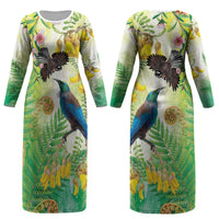 New Zealand Maori Mahuru Couples Matching Long Sleeve Bodycon Dress and Long Sleeve Button Shirt Tui With Pikawakawa Spring Colors LT7 - Polynesian Pride