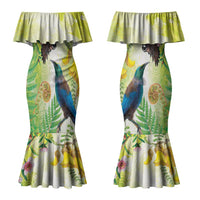 New Zealand Maori Mahuru Couples Matching Mermaid Dress and Long Sleeve Button Shirt Tui With Pikawakawa Spring Colors LT7 - Polynesian Pride