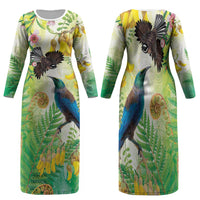 New Zealand Maori Mahuru Family Matching Long Sleeve Bodycon Dress and Hawaiian Shirt Tui With Pikawakawa Spring Colors LT7 Mom's Dress Multicolor - Polynesian Pride