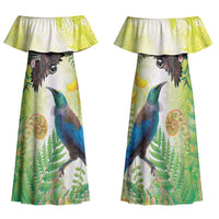 New Zealand Maori Mahuru Family Matching Off Shoulder Maxi Dress and Hawaiian Shirt Tui With Pikawakawa Spring Colors LT7 Mom's Dress Multicolor - Polynesian Pride
