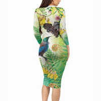 New Zealand Maori Mahuru Long Sleeve Bodycon Dress Tui With Pikawakawa Spring Colors LT7 - Polynesian Pride