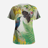 New Zealand Maori Mahuru Scrub Top Tui With Pikawakawa Spring Colors LT7 - Polynesian Pride
