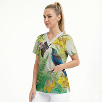 New Zealand Maori Mahuru Scrub Top Tui With Pikawakawa Spring Colors LT7 - Polynesian Pride