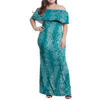 Hawaii Plumeria Lei Family Matching Off Shoulder Maxi Dress and Hawaiian Shirt Aloha Festive Vibe - Teal