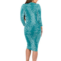 Hawaii Plumeria Lei Long Sleeve Bodycon Dress Aloha Festive Vibe - Teal