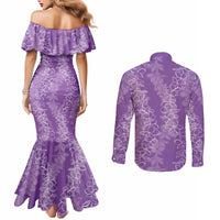 Hawaii Plumeria Lei Couples Matching Mermaid Dress and Long Sleeve Button Shirt Aloha Festive Vibe - Violet