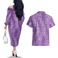 Hawaii Plumeria Lei Couples Matching Off The Shoulder Long Sleeve Dress and Hawaiian Shirt Aloha Festive Vibe - Violet