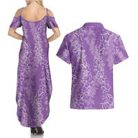 Hawaii Plumeria Lei Couples Matching Summer Maxi Dress and Hawaiian Shirt Aloha Festive Vibe - Violet