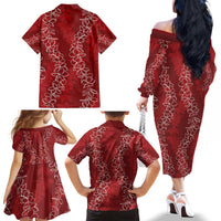Hawaii Plumeria Lei Family Matching Off The Shoulder Long Sleeve Dress and Hawaiian Shirt Aloha Festive Vibe - Crimson
