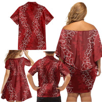 Hawaii Plumeria Lei Family Matching Off Shoulder Short Dress and Hawaiian Shirt Aloha Festive Vibe - Crimson