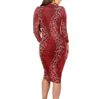 Hawaii Plumeria Lei Long Sleeve Bodycon Dress Aloha Festive Vibe - Crimson