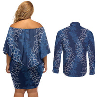 Hawaii Plumeria Lei Couples Matching Off Shoulder Short Dress and Long Sleeve Button Shirt Aloha Festive Vibe - Navy Blue