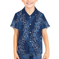Hawaii Plumeria Lei Family Matching Off The Shoulder Long Sleeve Dress and Hawaiian Shirt Aloha Festive Vibe - Navy Blue