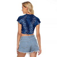 Hawaii Plumeria Lei Raglan Cropped T Shirt Aloha Festive Vibe - Navy Blue