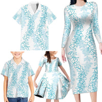 Hawaii Plumeria Lei Family Matching Long Sleeve Bodycon Dress and Hawaiian Shirt Aloha Festive Vibe - Turquoise LT7 - Polynesian Pride