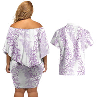 Hawaii Plumeria Lei Couples Matching Off Shoulder Short Dress and Hawaiian Shirt Aloha Festive Vibe - Amethyst