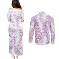 Hawaii Plumeria Lei Couples Matching Puletasi and Long Sleeve Button Shirt Aloha Festive Vibe - Amethyst LT7 - Polynesian Pride