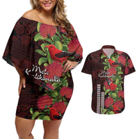 Hawaii Mele Kalikimaka Kakau Couples Matching Off Shoulder Short Dress and Hawaiian Shirt I'iwi Bird on Ohia Lehua