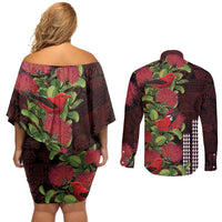 Hawaii Mele Kalikimaka Kakau Couples Matching Off Shoulder Short Dress and Long Sleeve Button Shirt I'iwi Bird on Ohia Lehua