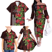 Hawaii Mele Kalikimaka Kakau Family Matching Off The Shoulder Long Sleeve Dress and Hawaiian Shirt I'iwi Bird on Ohia Lehua LT7 - Polynesian Pride