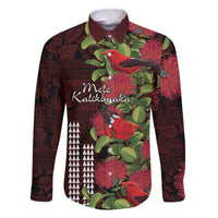 Hawaii Mele Kalikimaka Kakau Family Matching Off The Shoulder Long Sleeve Dress and Hawaiian Shirt I'iwi Bird on Ohia Lehua LT7 Dad's Shirt - Long Sleeve Black Red - Polynesian Pride