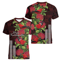 Hawaii Mele Kalikimaka Kakau Women V-Neck T-Shirt I'iwi Bird on Ohia Lehua