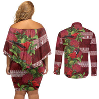 Hawaii Christmas Mele Kalikimaka Couples Matching Off Shoulder Short Dress and Long Sleeve Button Shirt I'iwi Bird on Ohia Lehua