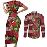 Hawaii Christmas Mele Kalikimaka Couples Matching Short Sleeve Bodycon Dress and Long Sleeve Button Shirt I'iwi Bird on Ohia Lehua