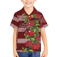 Hawaii Christmas Mele Kalikimaka Family Matching Off The Shoulder Long Sleeve Dress and Hawaiian Shirt I'iwi Bird on Ohia Lehua